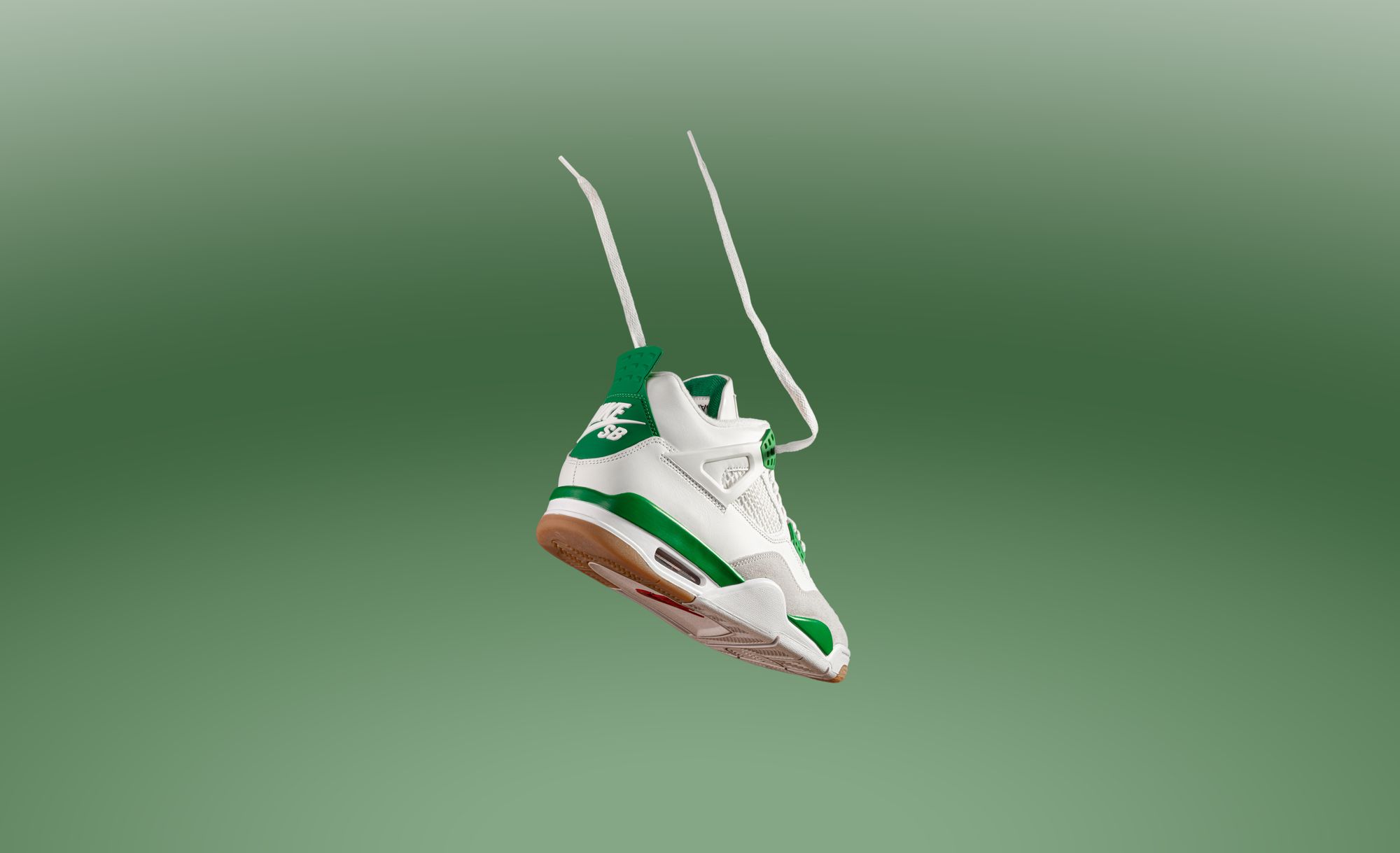 A sneaker hanging by its laces